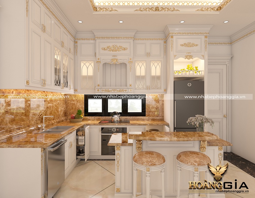 Mẫu phòng bếp tân cổ điển sơn trắng dát vàng Hoàng Gia TBHG 16